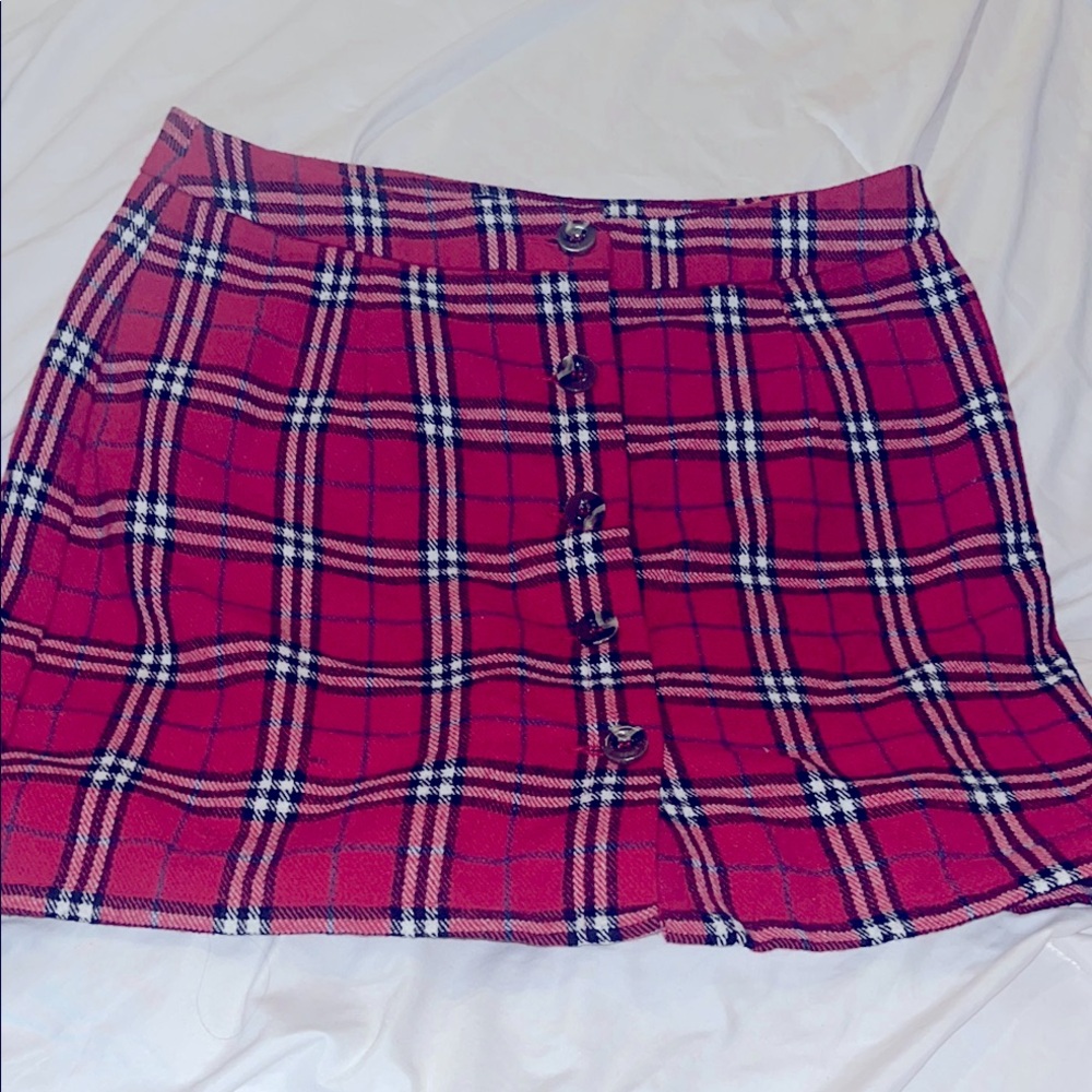 Plaid Button-Front Skirt - Red